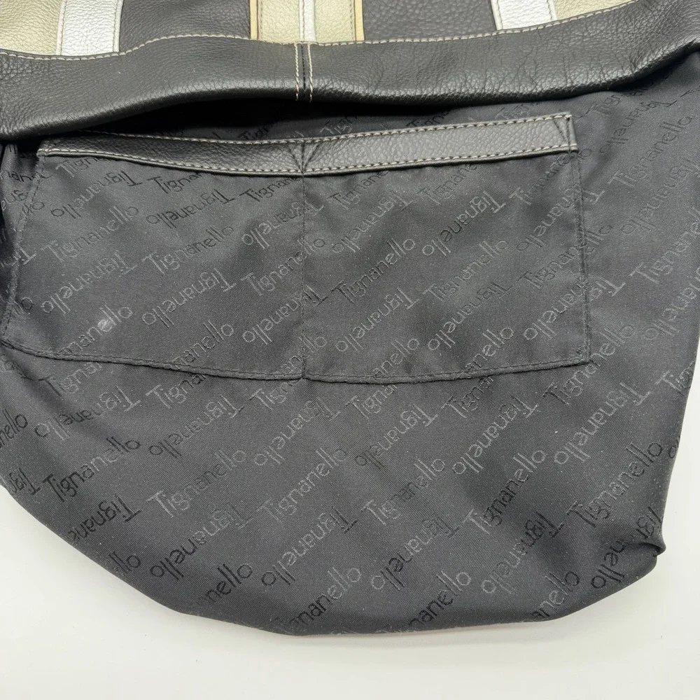 Tignanello Vintage Pebbled Leather Hobo Bag Purse Black Metallic Stripes Y2K